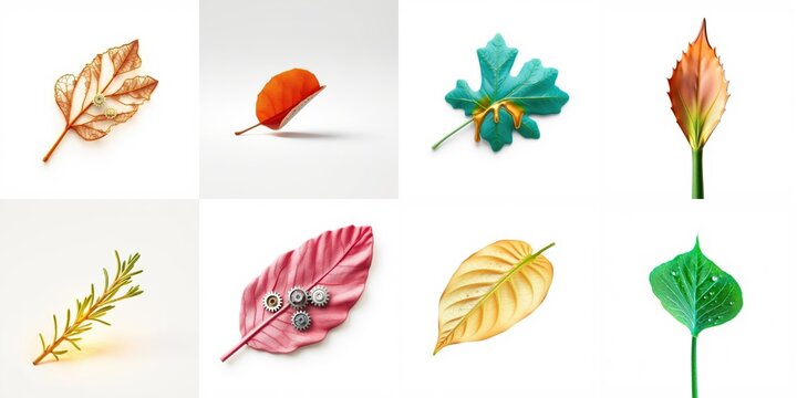 Various colorful leaves presented against white background. Autumnal tones dominate, showcasing diverse shapes, textures.