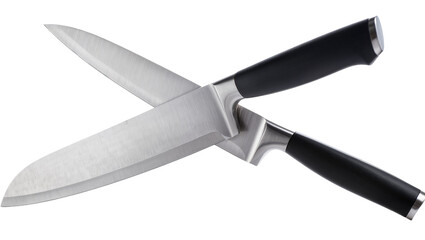 Obraz premium Two crossed chef knives with black handles and steel blades