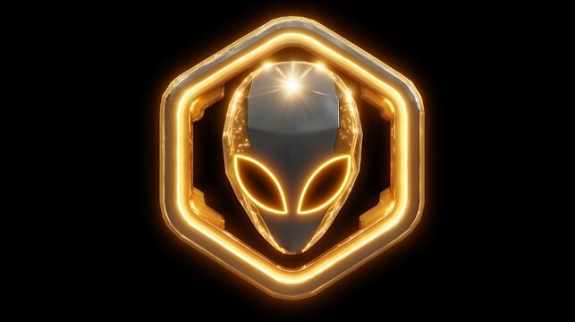 Glowing alien head icon in futuristic hexagonal frame