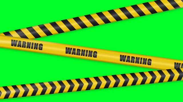 Animated warning hazard caution tapes with sliding yellow black stripes and chevrons on chroma key green screen backdrop