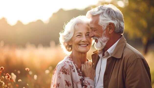 Pareja mayor sonriendo al aire libre con luz c&aacute;lida de atardecer en un momento rom&aacute;ntico y natural