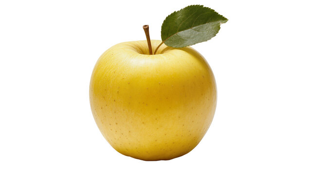 Golden yellow apple with green leaf and stem