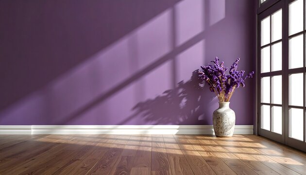 Jarr&oacute;n blanco con flores moradas sobre suelo de madera frente a pared violeta con sombras de ventana