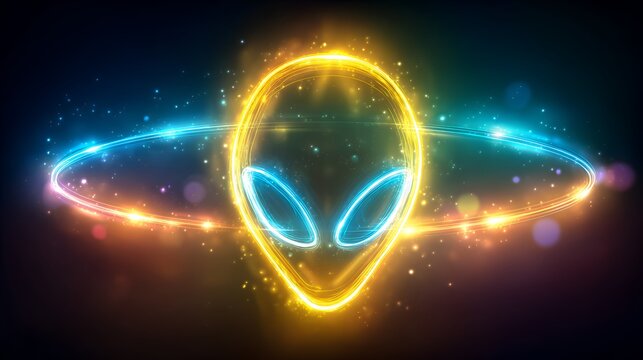 Glowing Alien Head With Neon Aura And Cosmic Lights