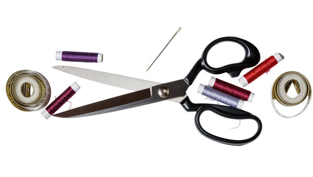 Sewing scissors needle and thread spools with measuring tape
