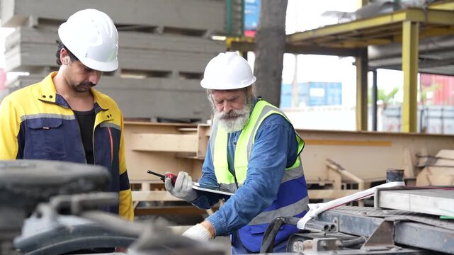 Industrial technicians inspecting heavy machinery and performing maintenance at a manufacturing facility. Teamwork, workplace safety, equipment assessment, operational reliability and engineering supp