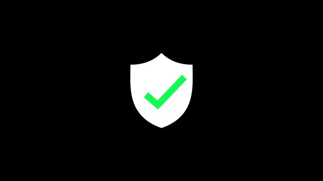 White shield with a bright green check mark centered on a solid black background indicating successful security verification and completion