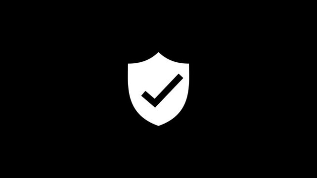 White shield with a check mark centered on a solid black background representing security and verification status for digital interfaces
