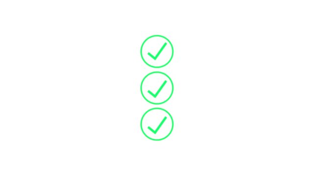 Three bright green check mark arranged in a vertical column isolated on a white background for business task lists and progress tracking