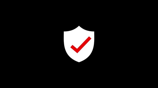 White shield with a bold red check mark centered on a solid black background representing security alert or verification status indicator