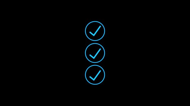 Three bright blue check mark arranged in a vertical column isolated on a black background for business task lists and progress tracking