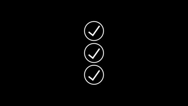 Three white check mark arranged in a vertical column isolated on a black background for business task lists and progress tracking