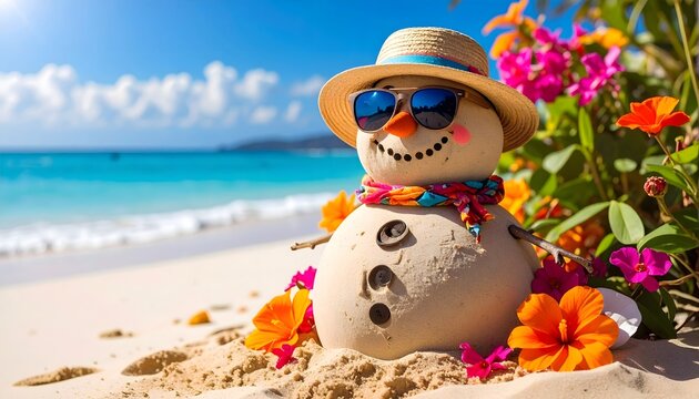 Mu&ntilde;eco de nieve con sombrero y gafas de sol en una playa tropical con flores y mar al fondo