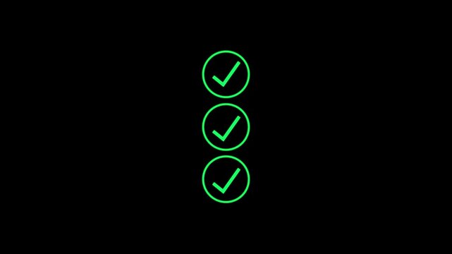 Three bright green check mark arranged in a vertical column isolated on a black background for business task lists and progress tracking