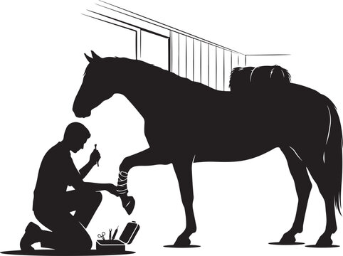Black silhouette of man trimming horse hoof