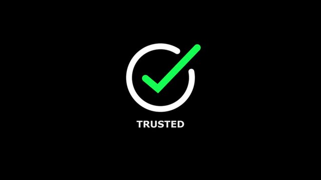 Bright green checkmark inside a white circle with the word trusted written in white capital letters below on a solid black background