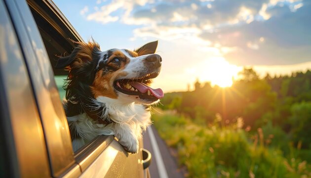 Perro asomando la cabeza por la ventanilla de un coche al atardecer con paisaje natural desenfocado