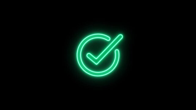 Glowing neon green checkmark symbol inside a circular outline isolated on a solid black background representing success and validation