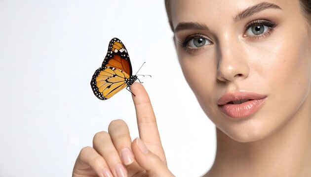 Mujer joven con una mariposa naranja posada en el dedo sobre fondo claro en retrato delicado