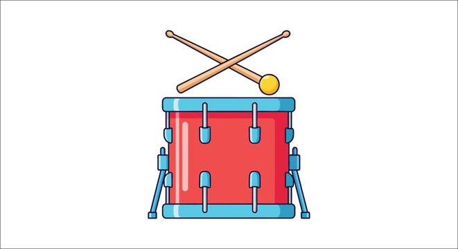 Red bass drum with drumsticks vector illustration with white background