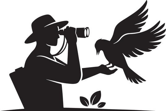 Black silhouette of man with binoculars and bird landing