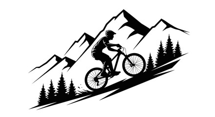 Silhouette of a Mountain Biker Descending a Steep Trail Amidst Pine Trees and Jagged Peaks. © jonatan