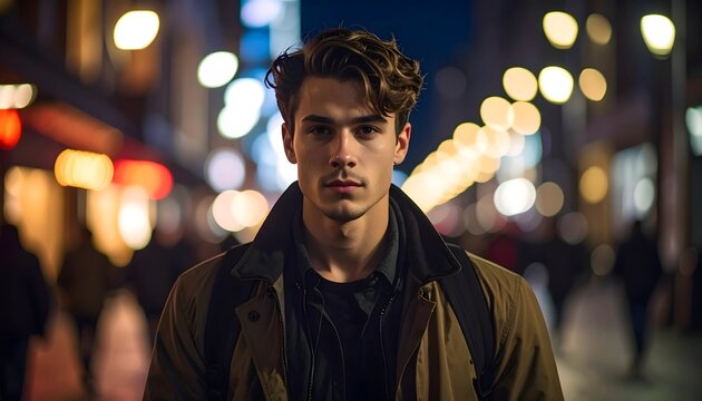 Retrato de hombre joven en una calle nocturna con luces urbanas desenfocadas y ambiente cinematogr&aacute;fico
