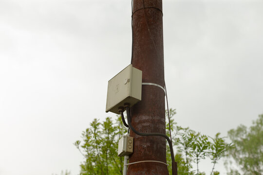 A weathered brown utility pole with an electrical junction box and conduit attached by metal straps. Black cables run down the pole into a small protective