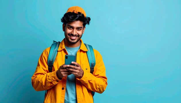 Repartidor joven con uniforme amarillo usando el tel&eacute;fono m&oacute;vil sobre fondo azul en composici&oacute;n moderna