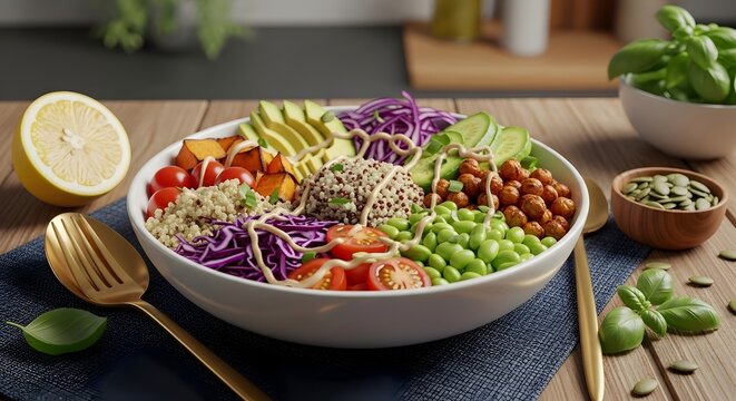 Fresh vegan buddha bowl with quinoa, avocado, purple cabbage, and lemon on wooden table