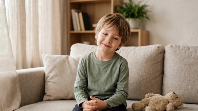 Young boy sitting thoughtfully on sofa with teddy bear beside him. Missing children awareness for international day. Emotional child in cozy home interior with bookshelves and plants