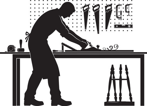 Black silhouette of man working on wood at workbench tools