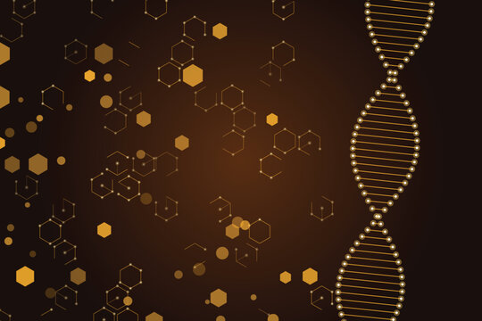 Golden dna helix and hexagonal molecular structures on dark brown background, molecule science