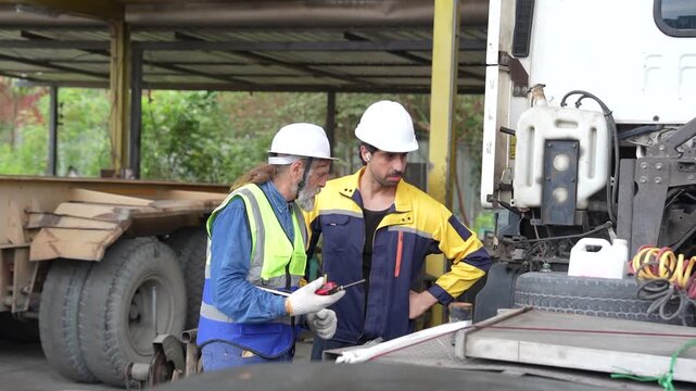 Industrial technicians inspecting heavy machinery and performing maintenance at a manufacturing facility. Teamwork, workplace safety, equipment assessment, operational reliability and engineering supp