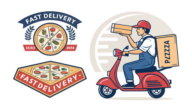 Set of pizza delivery logos and emblems with a delivery man on a scooter, pizza boxes, and fast delivery typography