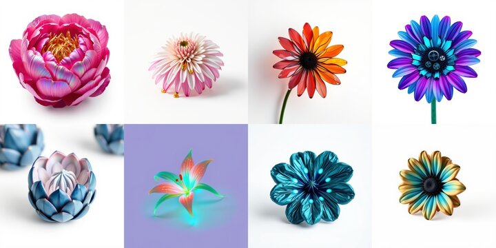Floral collage presents vibrant blooms. Diverse colors, shapes, textures create beautiful composition. Delicate petals, stems visible.