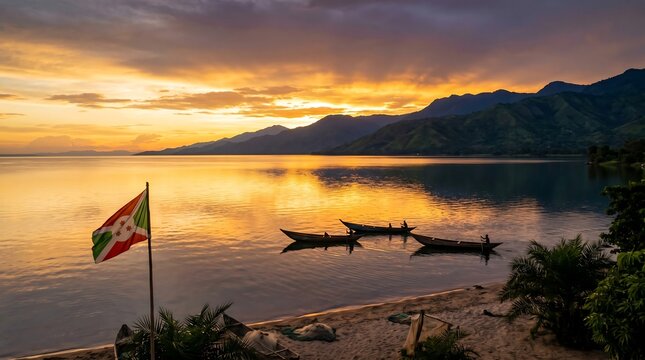 Burundi flag on pole by Lake Tanganyika with fishing boats at sunset against mountain background landscape