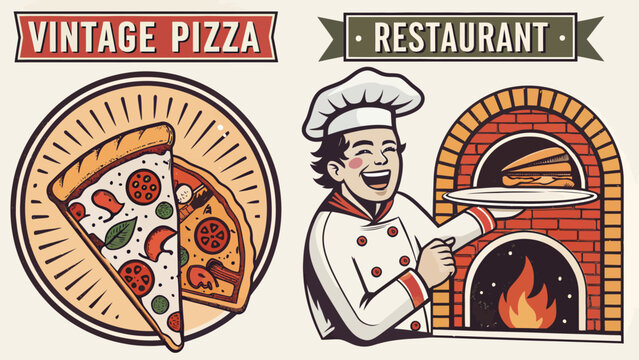 Vintage pizza restaurant logo design with a chef holding a pizza tray in front of a brick oven and a slice of pizza on a plate