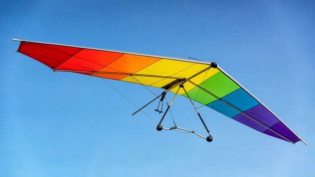 A colorful ultralight aircraft wing extended against a clear blue sky.