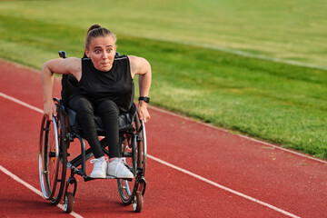 Naklejka premium Determined Wheelchair Athlete Pushing Outdoor Track During Training Session for Racing