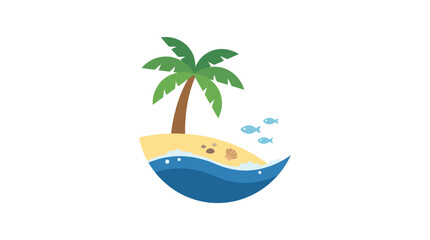 Obraz premium Tropical Island Paradise with Palm Tree, Beach, Ocean Waves, and Fish