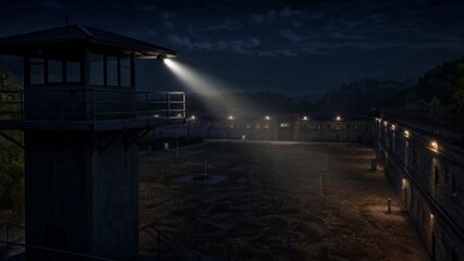 Obraz premium Empty prison watchtower at night with searchlight on courtyard.