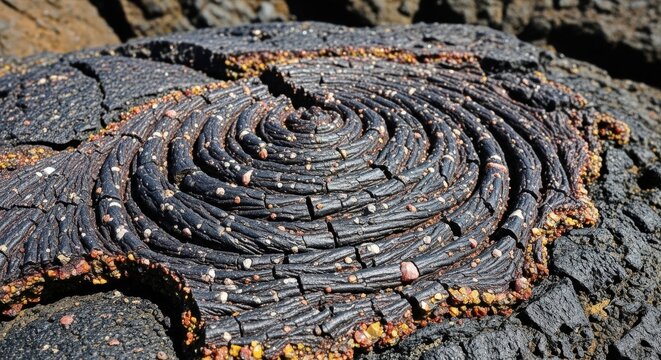 Close up of solidified lava rock with spiral pattern