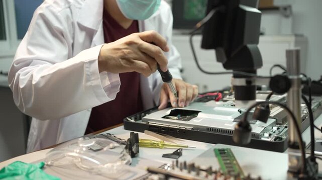 Technician in a white lab coat repairing a laptop with tools and electronic parts on a workbench in a modern workshop.