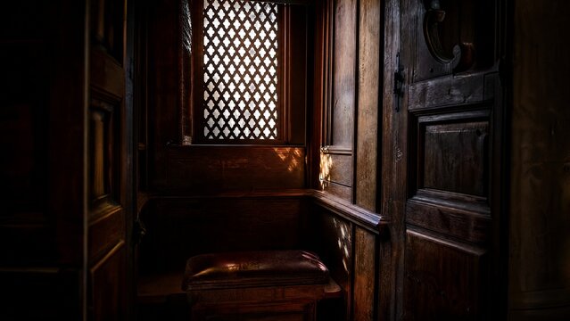 A vintage wooden confessional booth with light filtering through its lattice grill.