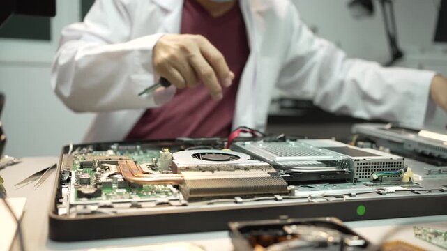 Technician repairing an open desktop computer on a workbench, pointing at internal parts in a lab or service room, with tools and hardware visible in soft focus.