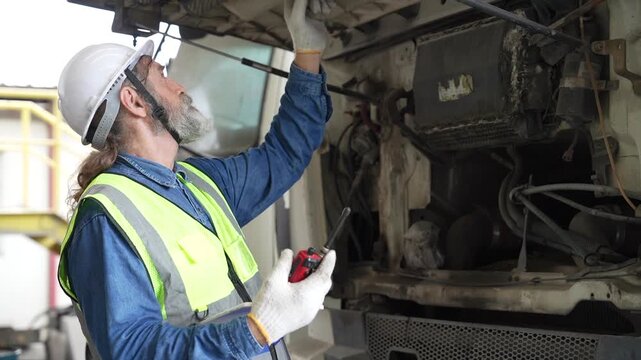 Industrial technician inspecting heavy equipment and performing maintenance at a manufacturing facility. Workplace safety, machinery inspection, engineering services, operational reliability and quali