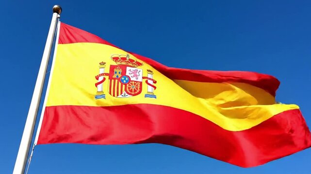 The national flag of spain waving against a clear blue sky