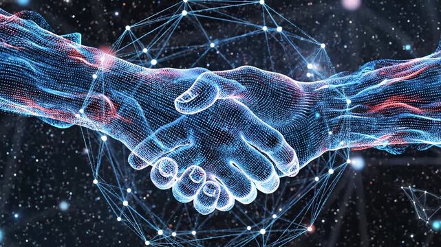 Two glowing hands connecting in space
