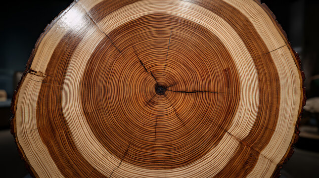 Wood cross section displays intricate growth rings radiating from the dark central core of a polished timber stump that highlights the natural beauty of aged forest material in this macro shot.